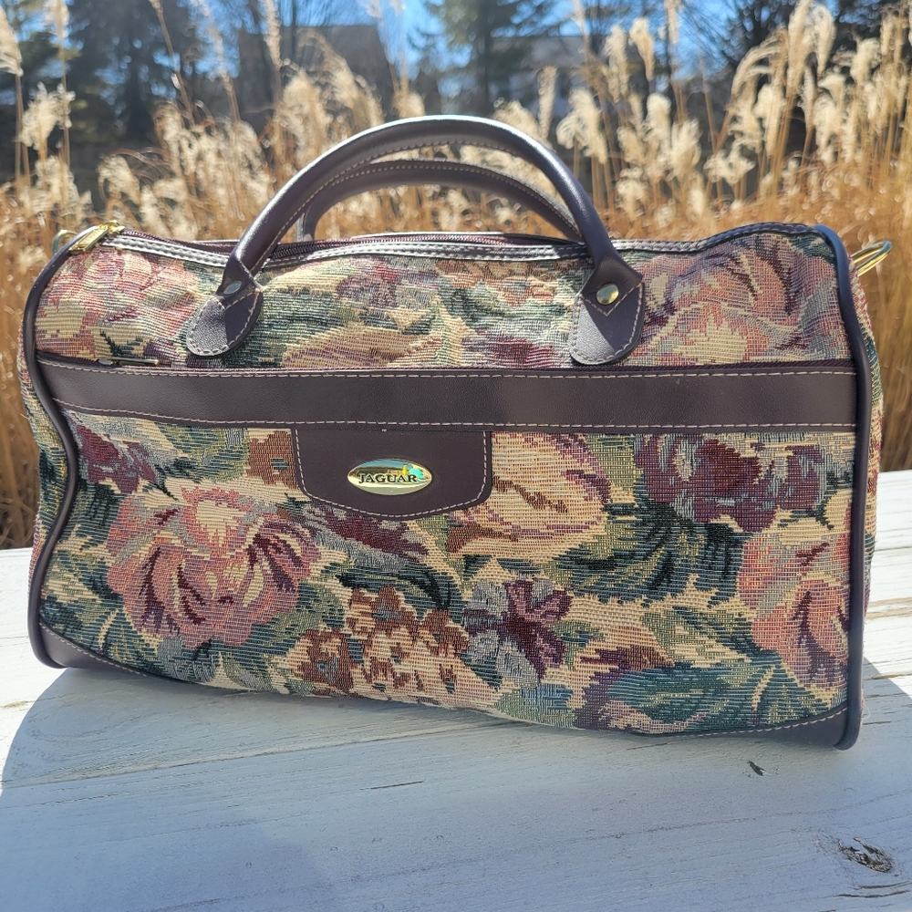 Vintage Jaguar Floral Tapestry Travel Duffle Weekender Bag Nice! See NOTES! - Picture 6 of 9